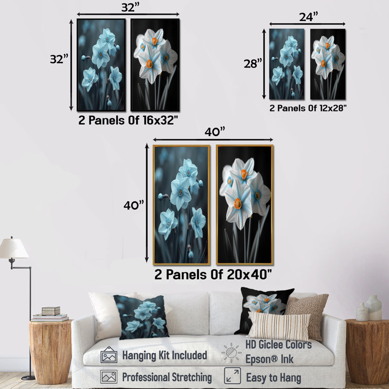 Monochromes bleu gris Whimsy Wonderland Daffodils I - ensemble de 2 jonquilles murales, Toile tendue, H 28 po x l 24 po