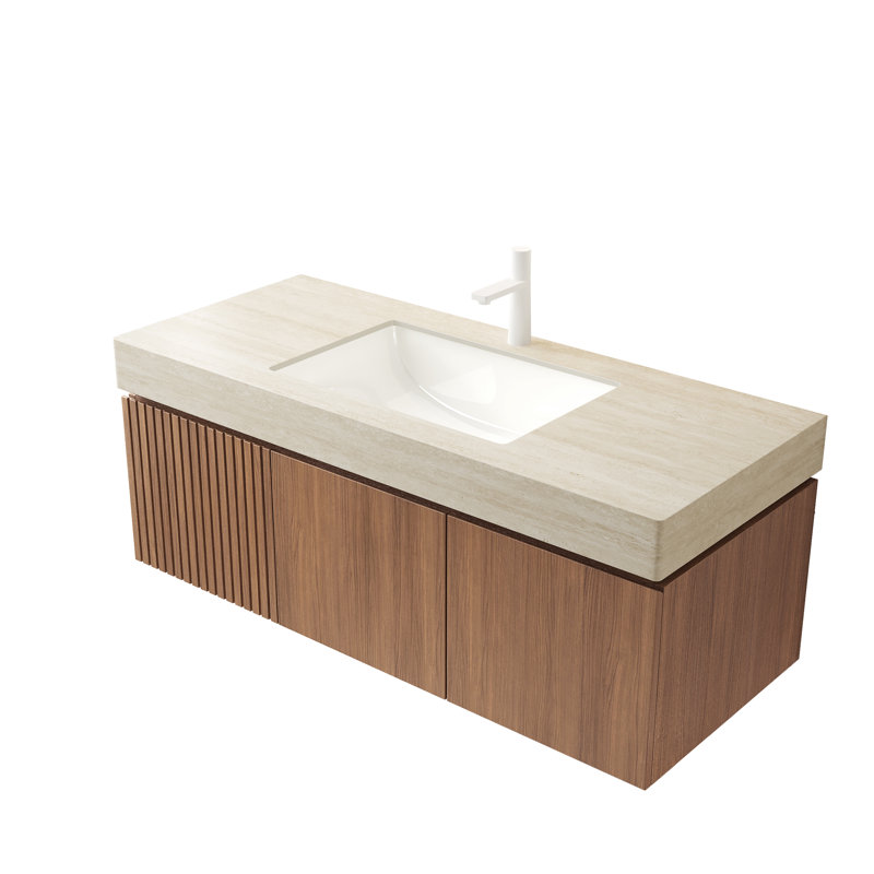 Plywood and Solid Wood Single Bathroom Vanity, 48", Brown Oak, Roma Travertine