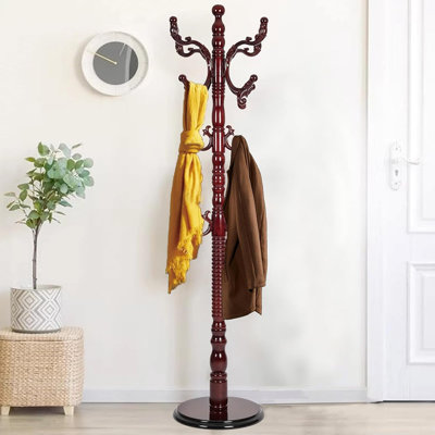 Portemanteau autoportant en bois, cintre d'arbre d'entrée avec crochets réglables en résine, support robuste pour vêtements, sacs, chapeaux - base ronde, couleur bois de rose