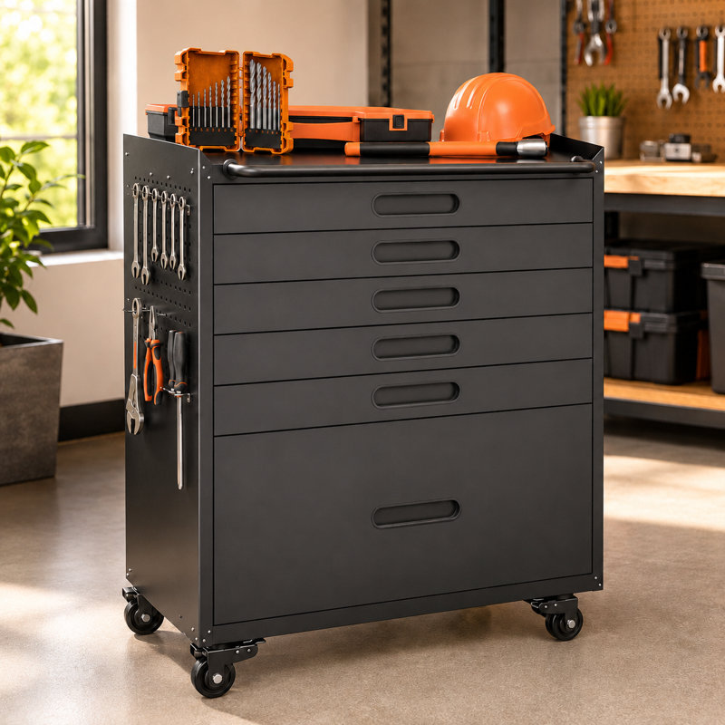 Coffre à outils roulant 34,3 po avec 6 tiroirs, organisateur d'armoire de garage mobile, armoire de rangement tous les tiroirs en métal pour les petites pièces et les outils, fabrication en acier robuste, noir