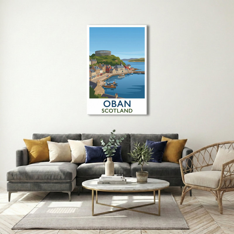 Oban, Scotland - Romantic Harbour Travel Poster, Gateway To The Hebrides. Giclee Print On Wrapped Canvas. Wall Art, Home Decor - Cities & Towns, Scotland - Wrapped Canvas Print