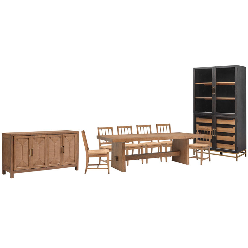 Trestle Dining Table With 6 Paper Cord Side Chairs Buffet And Cabinet, 9 Pieces: Table, 6 Chairs, Buffet, Cabinet