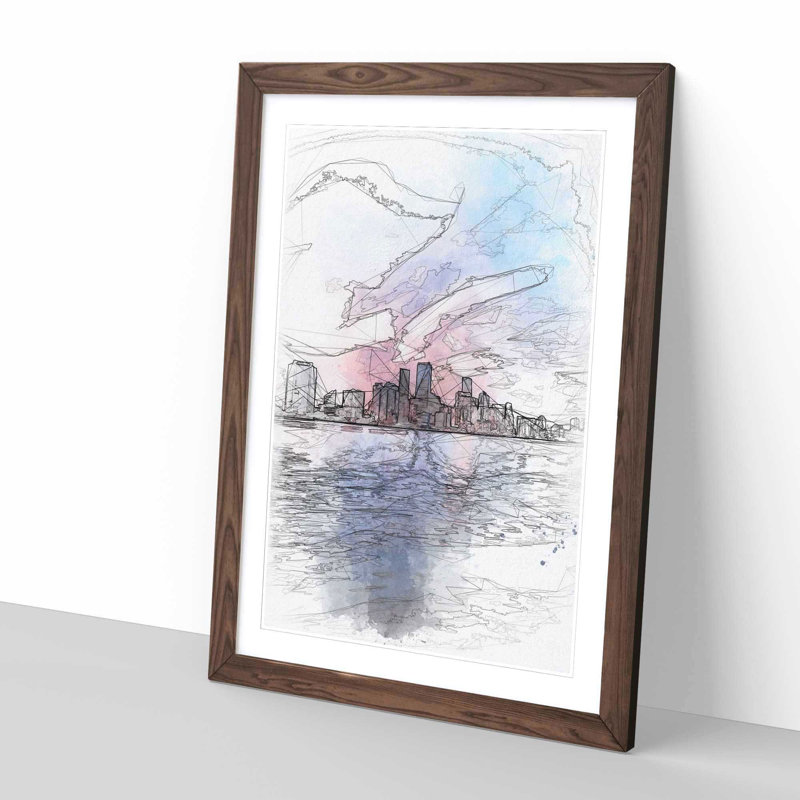 Miami Florida Skyline 1 Piece Single Picture Frame Painting on MDF, 87cm H x 62cm W x 2cm D, Walnut Framed