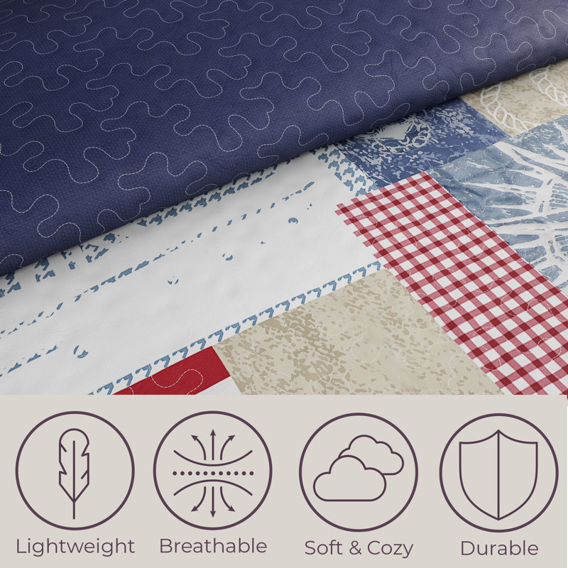 Quilt Set – Nautical Americana Patchwork Print All-Season Soft Microfiber Bedspread with Shams, King Quilt + 2 King Shams