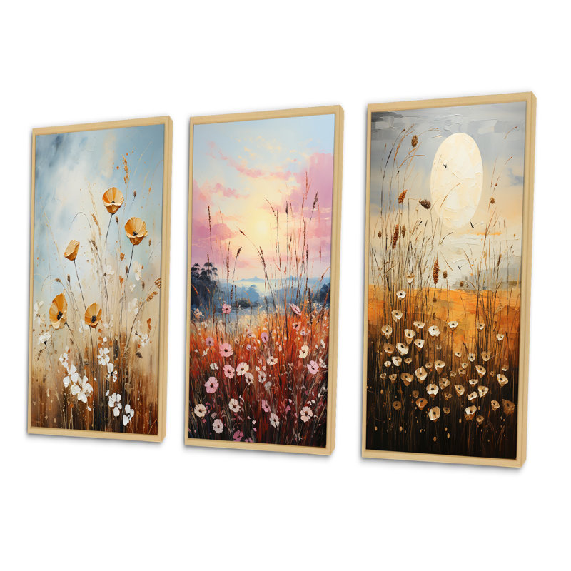 «Meadow Grasslands Pointillism», 3 pièces sur toile, Encadré naturel, H 32 po x l 48 po