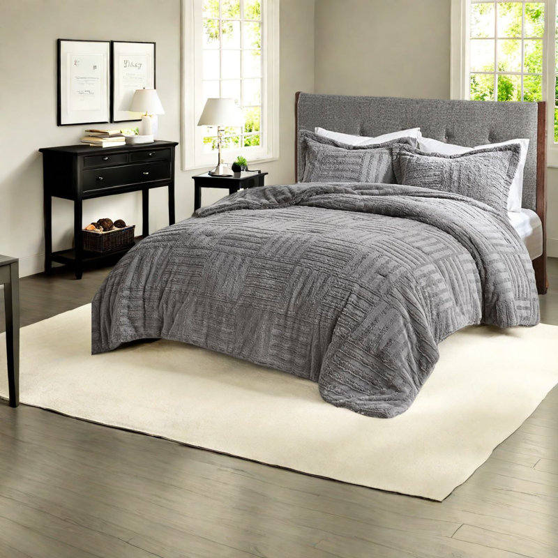Premium Faux Fur Bedding Sets, Gray Comforter With Hypoallergenic Fill