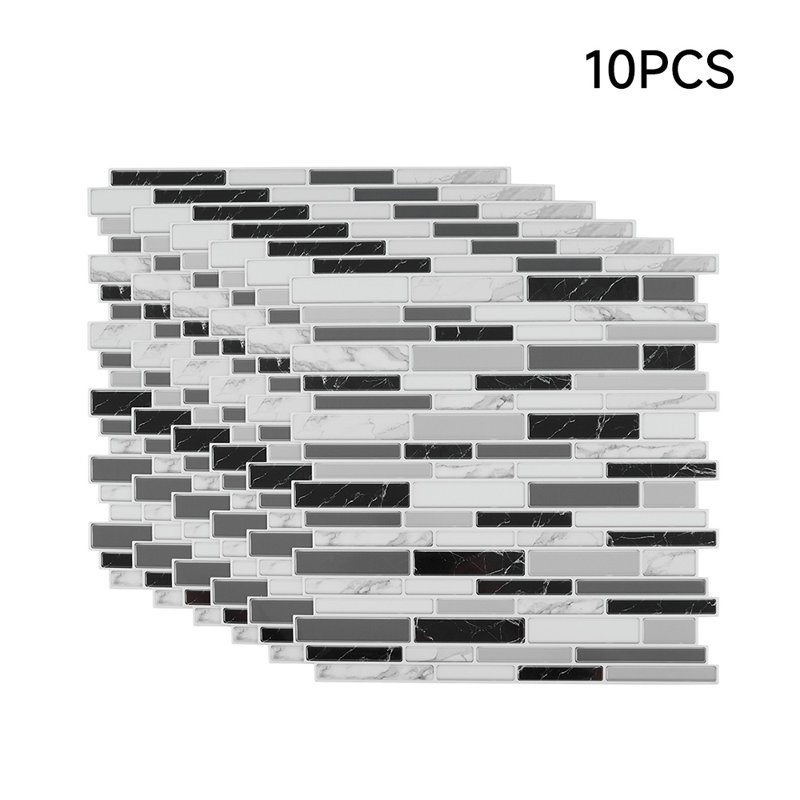 10Pcs Self-Adhesive Wall Tile Stickers with Marble Effect, Black/White