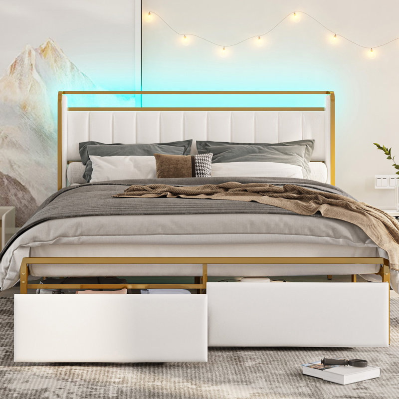 Omartin 45.4'' Bed Frame Twin Size with Armrests Headboard & RGB Light, Upholstered Twin Size Bed Platform with Drawers