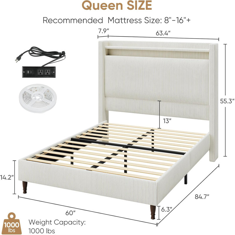 Queen Size Corduroy Upholstered Wingback Platform Bed Frame With Storage Headboard & Charging Station, Cream, Cream, Queen