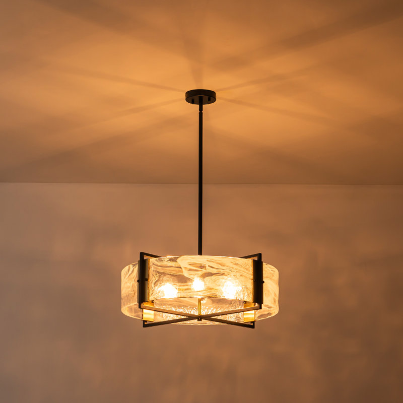 6-Light White Mist Glass Drum Chandelier, Matte Black/Brushed Gold