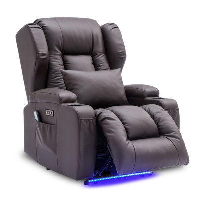 Aguilera 31.5" Wide Faux Leather Heated Power Recliner Massage Home Theater Individual Seat with Cup Holder by Ebern Designs