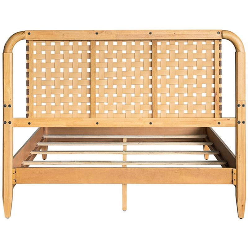 Grand lit tissé en similicuir avec éléments de style Mid-Century, structure en bois massif, tête de lit à style ouvert, pieds fuselés, 5 lattes, lit à assembler, conception, fabrication, finition érable arrondi