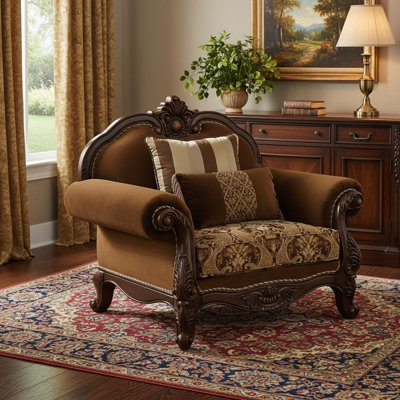  Brown Velvet Floral Club Chair with Toss Pillows