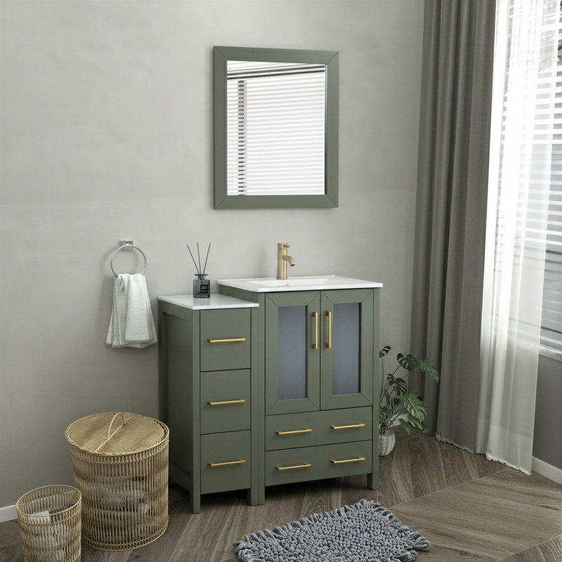 Ensemble de meuble-lavabo autoportant 36 po avec plateau en céramique et miroir assorti Brescia, Vert rétro