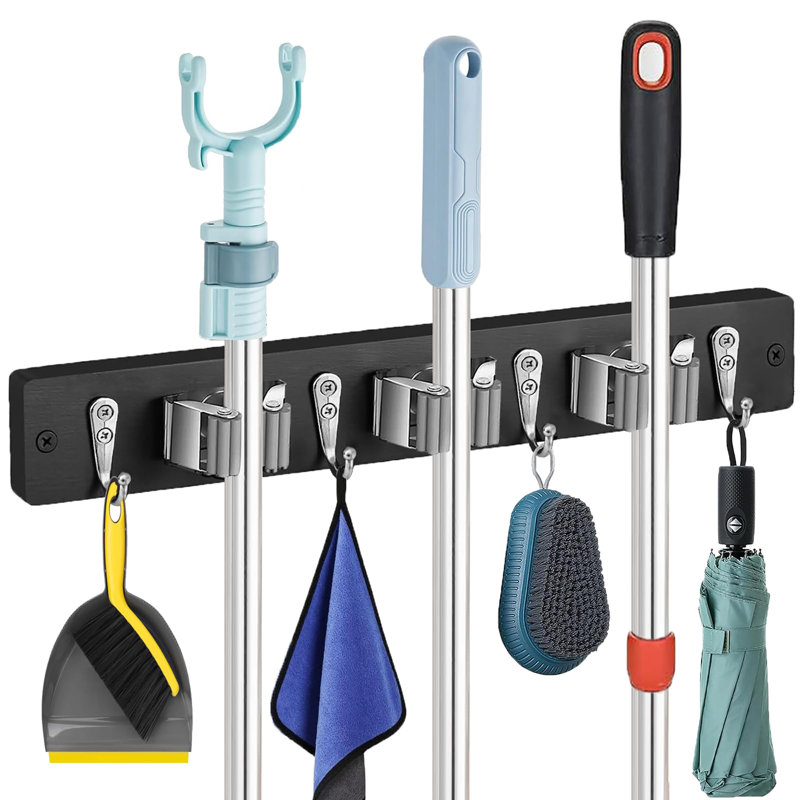 Broom and Mop Organizer Wall Hanging, Black
