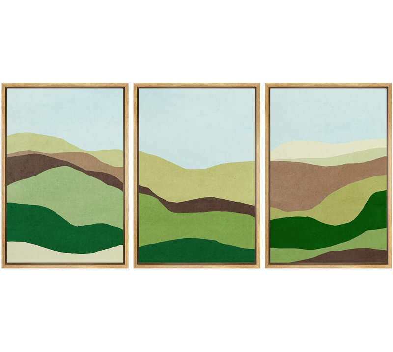 Abstract Landscape " Green And Brown Paint Stroke Landscape Abstract Shape Illustration Modern Art Boho Scenic Colourful " 3 - Pieces