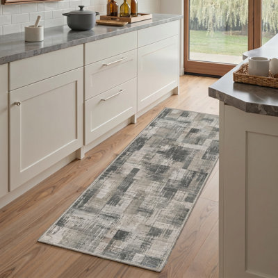Tapis de couloir abstrait gris / beige lavable à la machine avec envers antidérapant