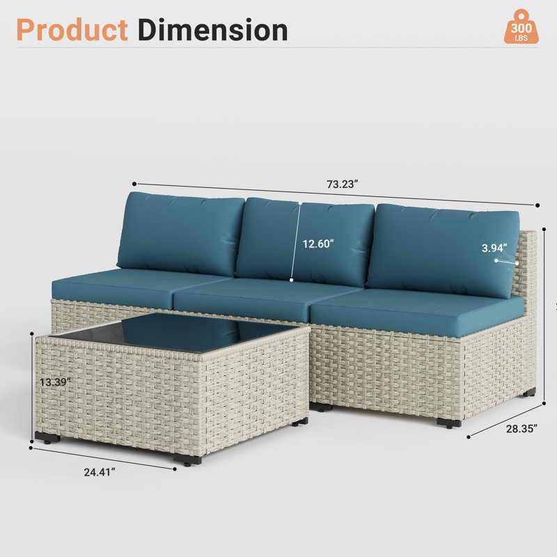 Canapé de patio en rotin design 3 pièces avec table basse, Bleu paon