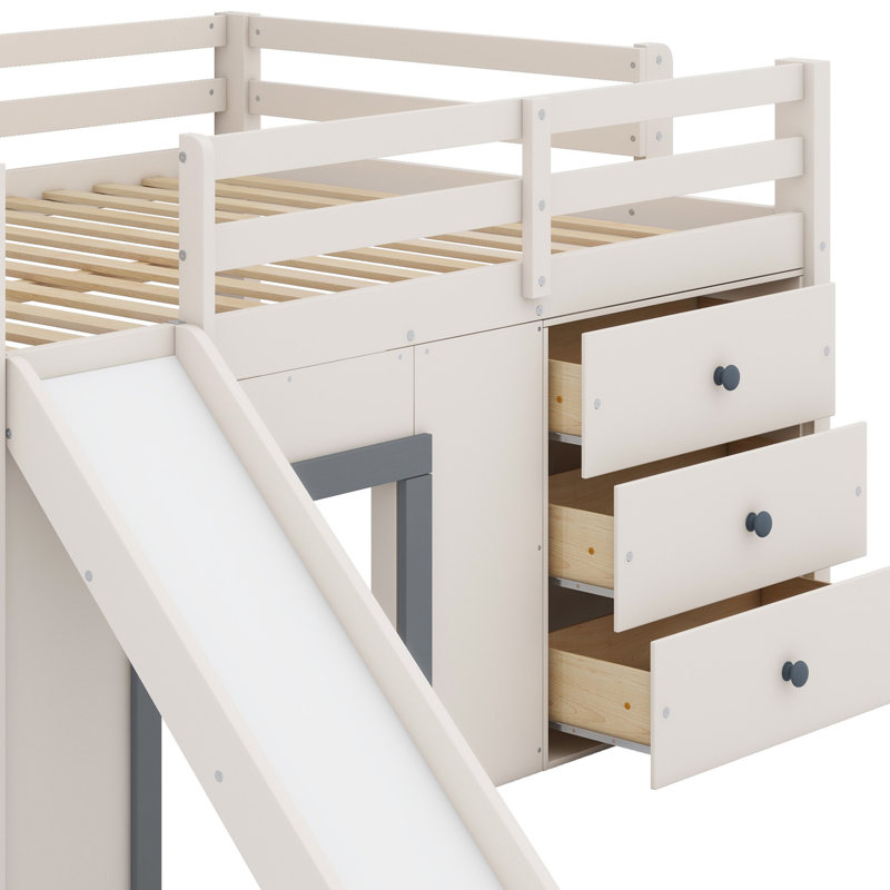 Low Loft Bed With Slide,Three Storage Drawers And Two Doors, Beige/Grey