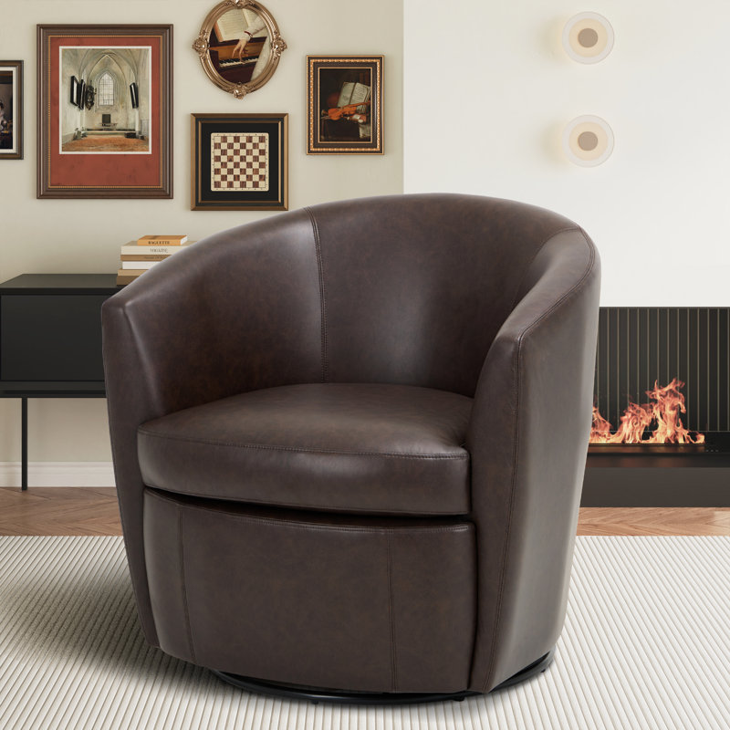 Leather Upholstered Swivel Barrel Chair—No Assembly Required, Chocolate Faux Leather