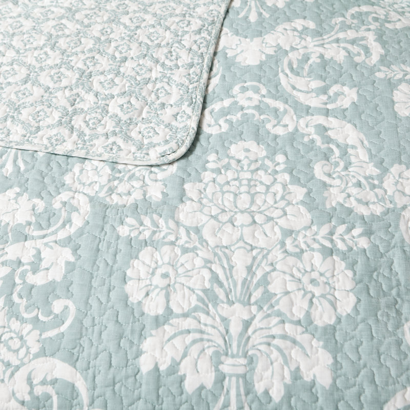 Gray Twin Cotton Reversible Quilt Set with Floral Pattern