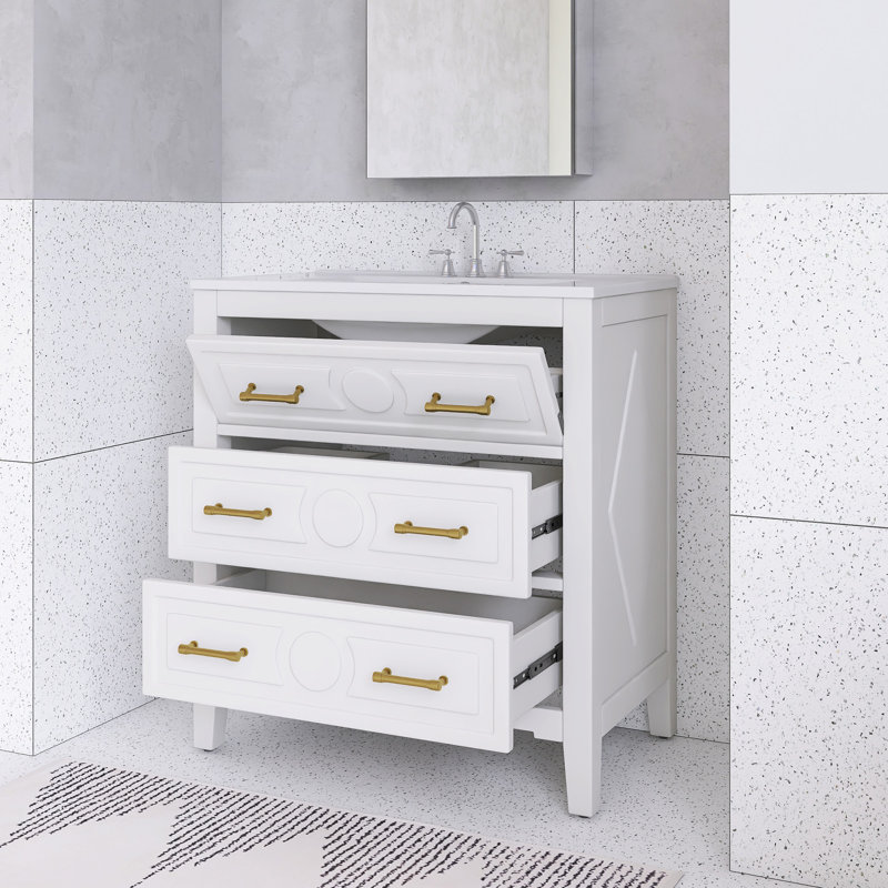 Meuble-lavabo 30 po avec lavabo en céramique et 3 tiroirs, Blanc