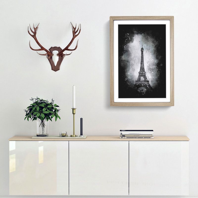 A Moody Eiffel Tower in Paris France - Picture Frame Graphic Art Print, Oak Framed, 87cm H x 62cm W x 2cm D