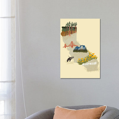 Illustrated State-California 1 Piece Wrapped Canvas Wall Art