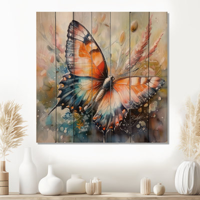 Butterfly Wings Of The Summer I - Modern Orange Wood Print On Natural Pine Wood