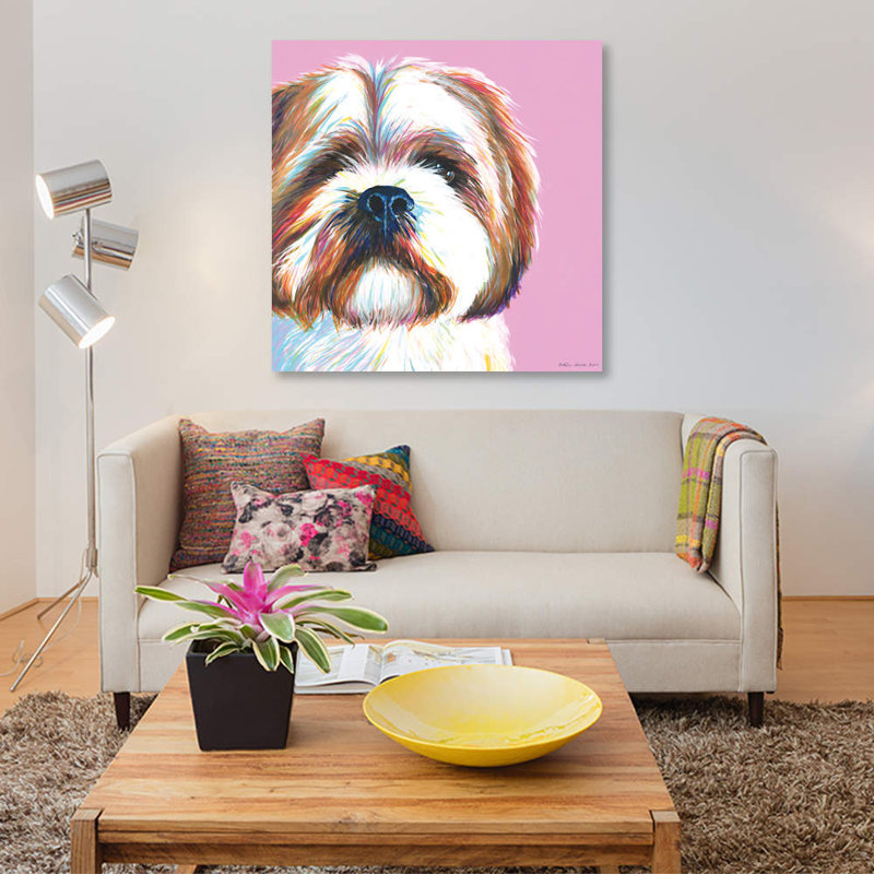 «Shih Tzu On Pink, Square» par Kirstin Wood, impression sur toile, H 26 po x l 26 po x P 1,5 po, Toile tendue, Pas de tapis