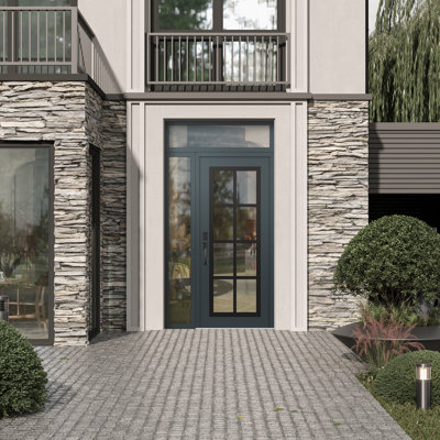 C16 droitier 50 po X 96 po Panneau d'entrée en verre noir anthracite et anthracite à panneau avec porte d'entrée avant pré-montée en verre Sidelite et Transom