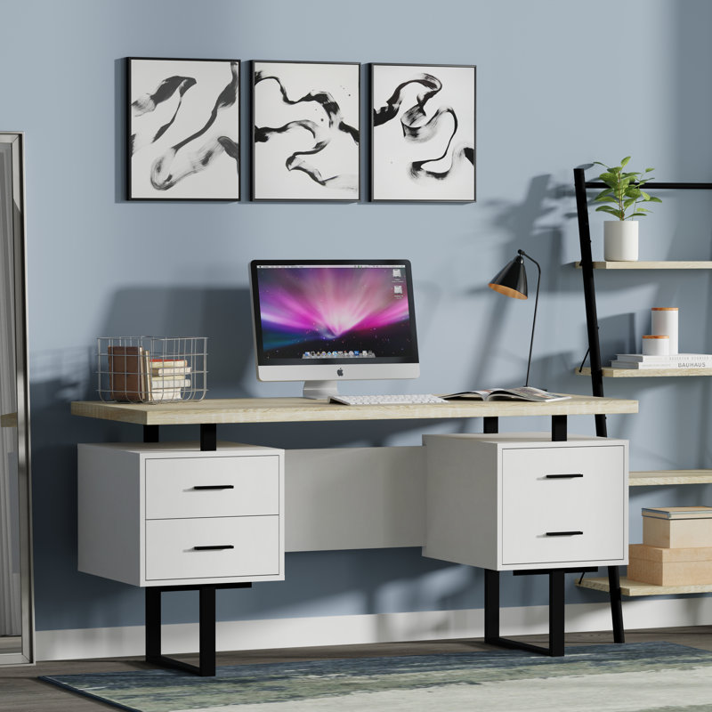 Auniya 60'' Desk, White Oak Top, White Body, Black Metal/Hardware