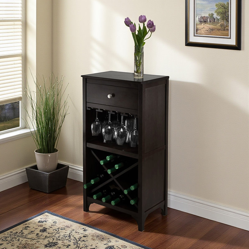 Binns Wine Cabinet With 1 Large Cubby Glass Rack in Espresso Finish, 37.46" H X 12.5" D X 19.25" L
