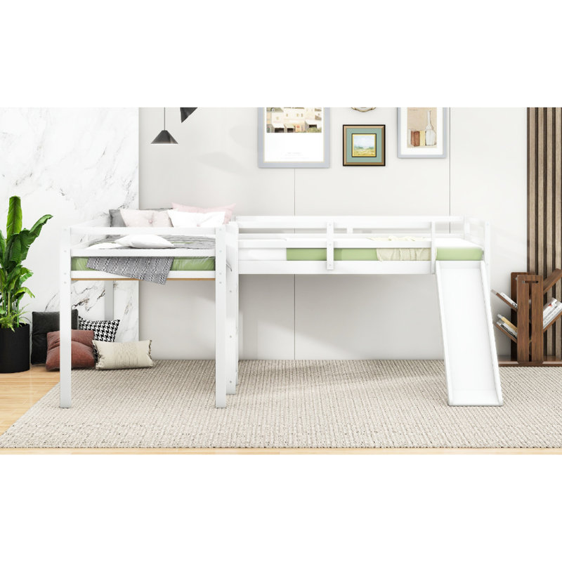 Lit mezzanine simple en L blanc avec glissade, Blanc