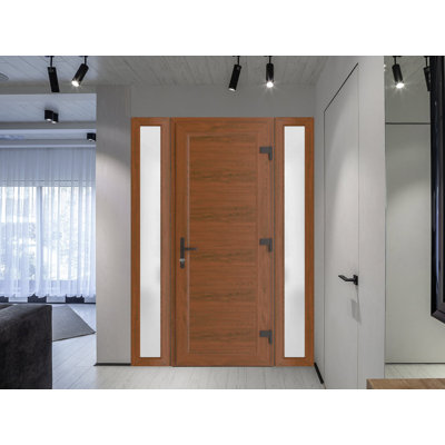 Front Exterior Prehung Metal-Plastic Door Frosted Glass | Manux 8111 Walnut | 2 Side Sidelite Transoms | Office Commercial and Residential Doors Entrance Patio Garage 68" x 80" (W16+36+16" x H80") Left hand Inswing