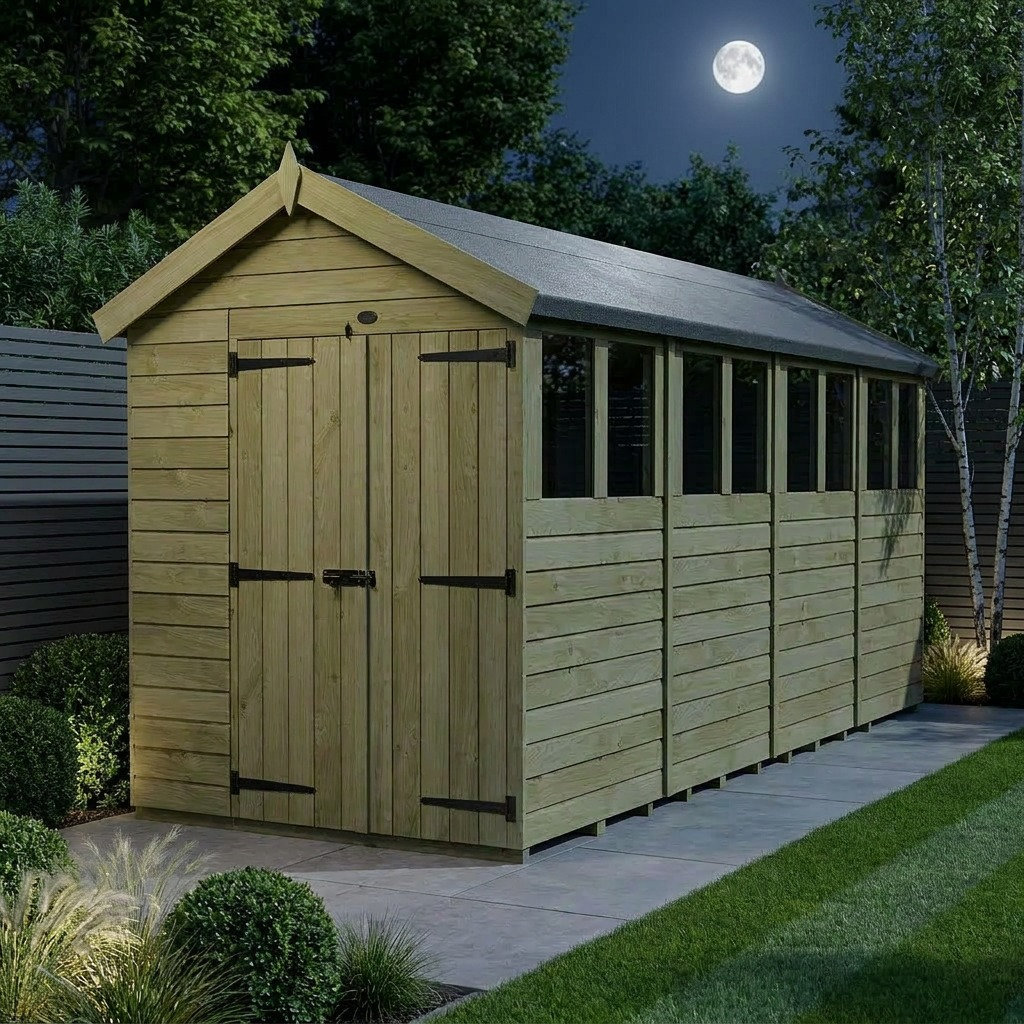 Total Sheds 7ft x 18ft Apex Garden Shed - Double Door - With Windows - Pressure Treated Timber - UK Manufactured