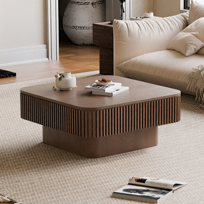 Table basse 31,5 po carrée avec rangement Table d'appoint moderne en placage de bois massif pour salon, chambre à coucher, appartement ou bureau, noyer