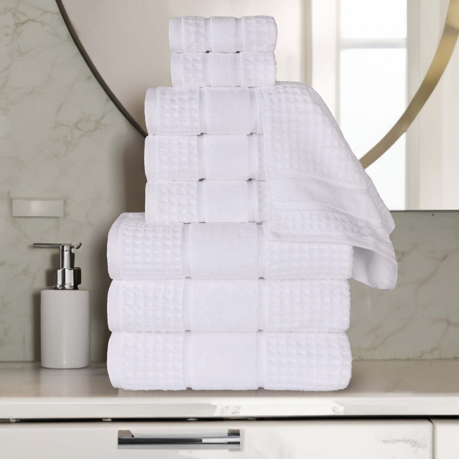 Hisela 3-Piece Waffle Cotton Towel Set, White, 9 Piece Towel Set