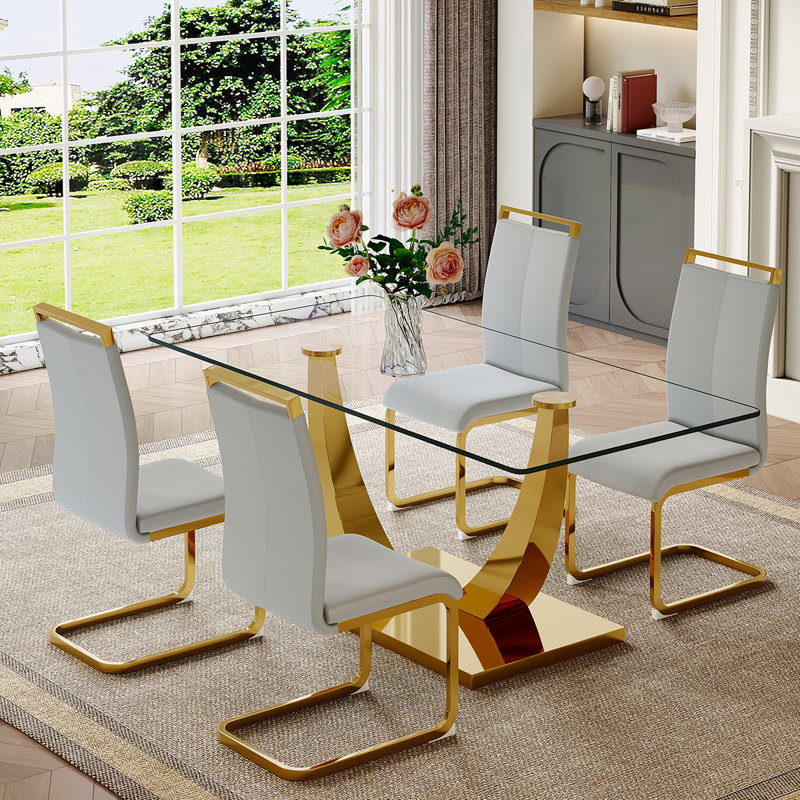 Nhieu 4 - Person Pedestal Dining Set, Light Gray, Silver