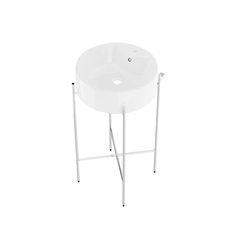 18.31" Round Console Sink with Faucet Hole, Bathroom Sink with Overflow,White Basin, Silver
