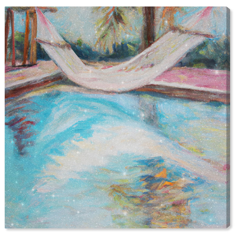 Poolside Hammock Coastal Canvas Wall Art in Blue and Pink