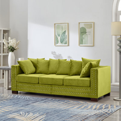 Design moderne en velours à 3 places avec accoudoirs carrés et clous argentés, coussins rembourrés à ressorts confortables, housses lavables amovibles, structure de rangement en bois massif en velours, ressorts ensachés pour accoudoirs