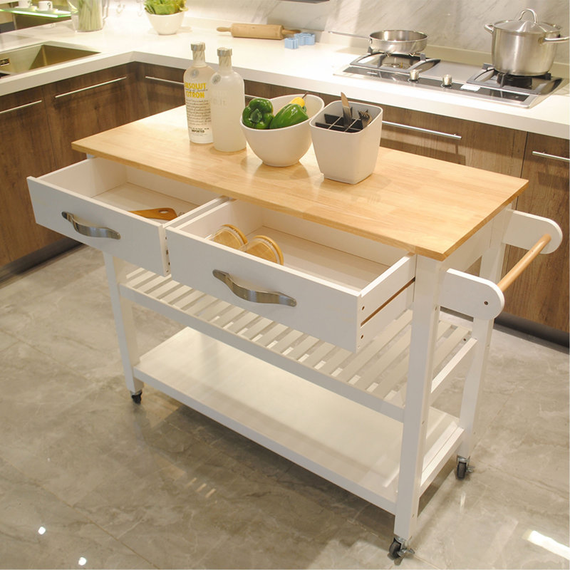 Îlot de cuisine et chariot de cuisine, plateau en bois d'hévéa, îlot de cuisine mobile avec deux roues verrouillables, conception simple pour un rangement et une récupération faciles, deux tiroirs offrent un rangement unique pour les ustensiles spéciaux.