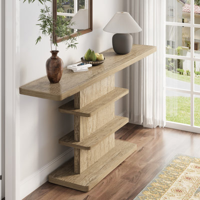 Console 63 po étroite avec tablettes de rangement ouvertes à 2 niveaux, capacité de poids élevée, couloir et couloir, naturel | 63 po | Structure en panneau de fibres à densité moyenne | 1 pièce | Console | Naturel
