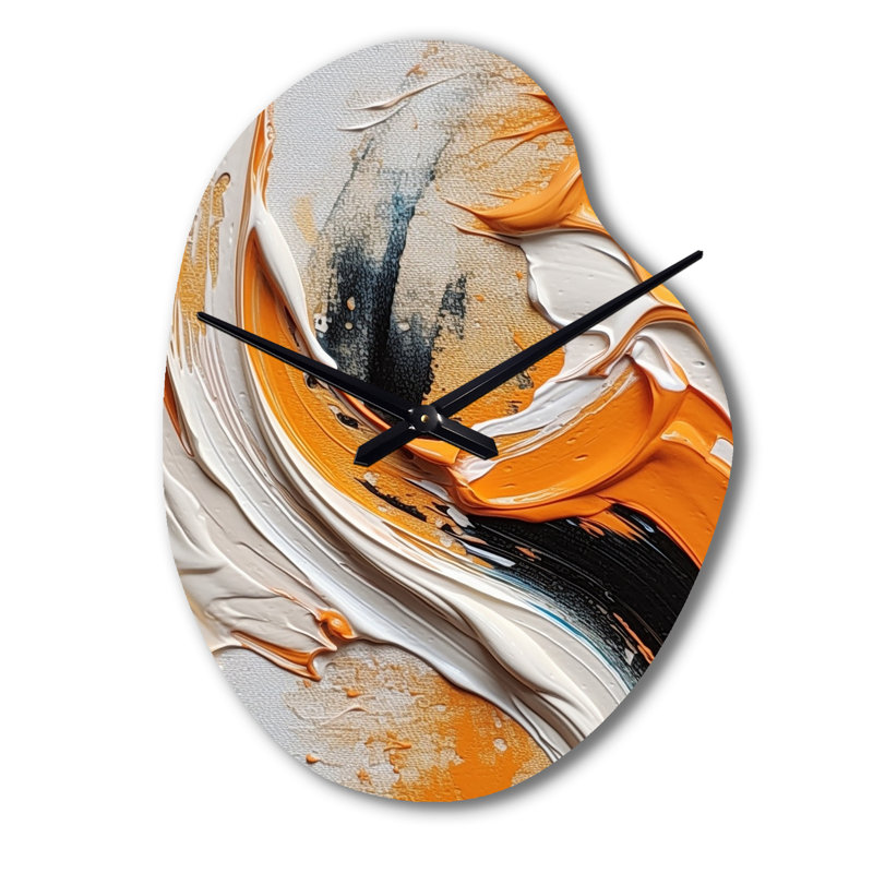 Orange et noir Mystic Spirals IV - Horloge murale en forme de spirale abstraite unique, impression d'horloge murale asymétrique