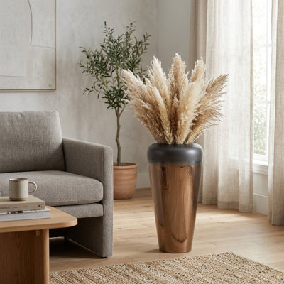 Textured Tapered Ceramic Floor Vase for Console Table - Contemporary Tall Table Flower Vase for Home Decor Styling - Bronze & Copper