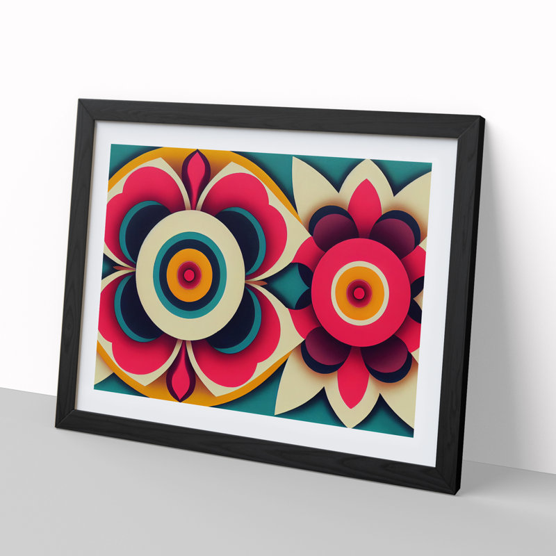 Radiant Retro Flowers Abstract - Single Picture Frame Print, Black, 46cm H x 64cm W x 2cm D