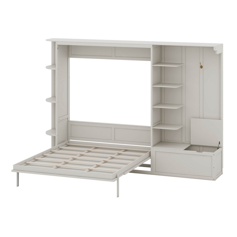 Lit escamotable avec rangement et lumières DEL, cadre mural escamotable peu encombrant avec tablettes et armoire, White