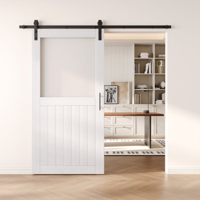 Homacer White 26in x 80in Half Lite Glass Design Unassembled & Finished Barn Door with Non-Bypass Installation Hardware Kit, 4.5ft track, interior use only