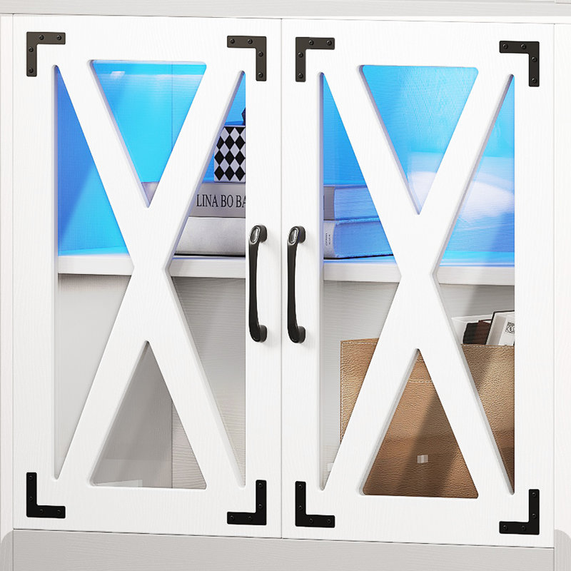 White Adjustable 5-Tier Bookcase with Doors and LED Light